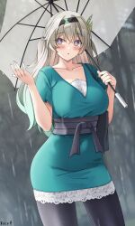 1girl absurdres aqua_shirt black_hairband black_pants blush breasts firefly_(honkai:_star_rail) grey_hair hair_between_eyes hair_intakes hair_ornament hairband highres holding holding_umbrella honkai:_star_rail honkai_(series) keenh lace lace-trimmed_shirt lace_trim leather leather_belt leather_pants long_hair multicolored_eyes outdoors pants rain shirt solo transparent transparent_umbrella two-tone_eyes umbrella