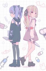 2girls aqua_eyes black_hoodie black_shoes black_thighhighs blue_hair brown_hair colored_inner_hair detached_sleeves frills grey_skirt grid_background hair_ribbon hashtag-only_commentary highres holding holding_knife hood hood_down hoodie knife long_hair long_sleeves looking_at_viewer makaino_ririmu medium_hair mopyo multicolored_hair multiple_girls nijisanji pill pink_eyes pink_hair pointy_ears ribbon shirt shoes skirt socks streaked_hair suspender_skirt suspenders syringe thighhighs twintails two-tone_hair two_side_up virtual_youtuber white_background white_shirt white_socks yuuki_chihiro