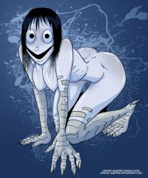 1girl absurdres black_eyes black_hair breasts crawling creepypasta highres looking_at_viewer medium_breasts momo_(creepypasta) monster monster_girl nipples nude open_mouth short_hair smile