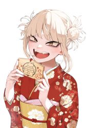1girl :d black_eyeliner blonde_hair blush boku_no_hero_academia chibi_228 double_bun eyeliner fangs floral_print floral_print_kimono hair_bun hands_up highres holding holding_sign japanese_clothes kimono long_sleeves makeup messy_hair obi open_mouth print_kimono red_kimono sash sign simple_background smile solo teeth toga_himiko upper_teeth_only white_background yellow_eyes