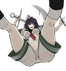 1girl anchor black_hair blue_eyes blush breasts cameltoe commentary_request covered_erect_nipples feet_out_of_frame from_below hanemikakko hat hishaku looking_at_viewer medium_breasts murasa_minamitsu neckerchief no_bra no_panties open_mouth red_neckerchief shirt shorts simple_background socks solo touhou underboob white_background white_hat white_shirt white_shorts white_socks