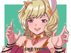 1girl bare_shoulders blonde_hair breasts brown_dress citrinne_(fire_emblem) cleavage collar dress earrings english_text fire_emblem fire_emblem_engage gold_collar hair_ornament hoop_earrings jewelry leather_wrist_straps looking_at_viewer medium_breasts mismatched_earrings mnejing30 nintendo red_eyes solo wing_hair_ornament