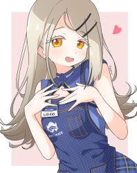 1girl absurdres animate_(company) bare_arms blonde_hair blue_shirt blue_skirt blush border cleavage_cutout clothing_cutout colored_eyelashes denim_apron flipped_hair gakuen_idolmaster heart highres idolmaster long_hair looking_at_viewer makuraapillow name_tag orange_eyes outside_border pink_background shinosawa_hiro shirt simple_background skirt sleeveless sleeveless_shirt smile solo very_long_hair white_border