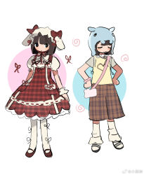 2girls :o animal_ear_headwear animal_ears beanie black_eyes black_ribbon black_sand blue_hat blunt_bangs blunt_ends blush_stickers bob_cut bow bright_pupils brown_hair brown_pants chinese_commentary circle closed_eyes closed_mouth commentary_request dress earflap_beanie fake_animal_ears floppy_ears frilled_anklet frilled_dress frills full_body grey_shirt hands_on_own_hips happy hat hat_bow hat_ribbon highres kneehighs looking_at_viewer mary_janes medium_dress medium_hair multiple_girls neck_ribbon okara_(cacacerulean) original pants pantyhose parted_lips pinafore_dress pink_scrunchie plaid_clothes plaid_dress plaid_pants pocket puffy_short_sleeves puffy_sleeves rabbit_ears red_bow red_dress red_ribbon red_shoes ribbon ribbon-trimmed_dress ribbon_legwear ribbon_trim scrunchie shirt shoes short_sleeves simple_background sleeveless sleeveless_dress smile socks spiral standing t-shirt unmoving_pattern vest white_background white_hat white_pantyhose white_pupils white_shirt white_socks wrist_scrunchie yellow_vest