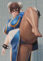 1girl 3d absurdres ass black-framed_eyewear blue_nails bracelet breasts brown_eyes brown_hair bun_cover capcom china_dress chinese_clothes chun-li chun-li_(cosplay) closed_mouth cosplay cowboy_shot double_bun dress feet fugtrup glasses hair_bun highres huge_breasts jewelry leg_lift looking_at_viewer mei_(overwatch) nail_polish no_shoes overwatch paid_reward_available pantyhose pelvic_curtain protected_link puffy_short_sleeves puffy_sleeves short_sleeves solo spiked_bracelet spikes street_fighter variant_set
