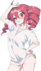 1girl ahoge arm_up bikini blush breasts clenched_hand collarbone cowboy_shot drill_hair hair_between_eyes hand_on_own_hip kasane_teto kouki_kuu looking_at_viewer medium_breasts red_eyes red_hair see-through_clothes shirt short_sleeves simple_background solo swimsuit tongue tongue_out twin_drills utau white_background white_shirt yellow_bikini