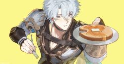 1boy antenna_hair armor black_choker black_gloves black_shirt blue_cape blue_eyes cape chewing choker coat commentary english_commentary fingerless_gloves food fork gloves highres holding holding_fork holding_plate honkai:_star_rail honkai_(series) male_focus pancake pauldrons phainon_(honkai:_star_rail) plate shirt short_hair shoulder_armor simple_background single_glove single_pauldron solo white_coat white_hair yellow_background yjh_ism