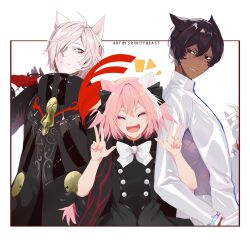3boys androgynous animal_ears arjuna_(fate) arjuna_(second_ascension)_fate artist_name astolfo_(apocrypha_epilogue)_(fate) astolfo_(fate) black_bow black_coat black_eyes blue_eyes bow bowtie buttons cat_boy cat_ears closed_eyes coat colored_skin dark-skinned_male dark_skin double_v fate/apocrypha fate/grand_order fate_(series) formal_clothes gloves hair_between_eyes hair_over_one_eye highres karna_(fate) karna_(santa)_(fate) long_hair male_focus multicolored_hair multiple_boys official_alternate_costume pale_skin pink_hair short_hair srinitybeast streaked_hair suit trap upper_body v white_background white_bow white_bowtie white_gloves white_hair white_skin white_suit