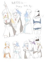 6+girls bang_dream! bare_shoulders belt blonde_hair blue_hair blush bow bowtie denim denim_shorts dress flying_sweatdrops hat highres holding_hands hood hoodie kitazawa_hagumi matsubara_kanon multiple_girls okusawa_misaki open_mouth orange_hair purple_hair red_bow school_uniform seta_kaoru shirasagi_chisato shoes shorts simple_background sweat tsurumaki_kokoro upper_body zgok1uy8amciwae