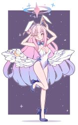 1girl alternate_costume animal_ear_headband animal_ears armpits arms_up bare_shoulders blue_archive blue_bow blue_bowtie bow bowtie breasts buttons cleavage collar covered_navel cross detached_collar fake_animal_ears feathered_wings full_body gradient_hair greek_cross hair_bun hair_over_shoulder halo high_heels highleg highleg_leotard highres large_breasts leg_up leotard long_hair looking_at_viewer low_wings mika_(blue_archive) multicolored_hair one_eye_closed pink_hair pink_halo playboy_bunny purple_background purple_shoes rabbit_tail shoes solo standing standing_on_one_leg straight_hair strapless strapless_leotard tail tongue tongue_out tsunderemaids two-tone_background v very_long_hair white_background white_collar white_leotard white_wings wings yellow_eyes