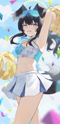 Rule 34 | 1girl, absurdres, animal ears, armpits, arms up, black hair, blue archive, blue eyes, blush, dog ears, dog girl, dog tail, eyewear on head, facial tattoo, haimaotuanzi, hair between eyes, hibiki (blue archive), hibiki (cheer squad) (blue archive), highres, long hair, looking at viewer, miniskirt, navel, official alternate costume, official alternate hairstyle, open mouth, pom pom (cheerleading), sidelocks, skirt, solo, sports bra, star tattoo, stomach, sunglasses, tail, tattoo, white skirt, white sports bra