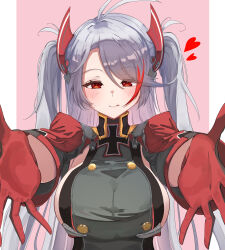 1girl :q argar_demo azur_lane breasts commentary_request cross double_v gloves hair_over_one_eye hands_up heart highres hug iron_cross large_breasts long_hair looking_at_viewer multicolored_hair orange_eyes prinz_eugen_(azur_lane) reaching reaching_towards_viewer red_eyes red_gloves red_hair sideboob smile solo streaked_hair tongue tongue_out two-tone_hair upper_body v very_long_hair white_hair