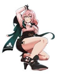 1girl black_gloves black_skirt full_body glasses gloves hair_between_eyes high-waist_skirt high_heels highres kare7537 long_hair looking_at_viewer parted_lips pink_eyes pink_hair sidelocks skirt solo tsukishiro_yanagi zenless_zone_zero