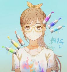 1girl arms_at_sides bespectacled bloom_festival_(project_sekai) blue_background blush bow breasts brown_eyes brown_hair collarbone commentary_request glasses hair_bow high_ponytail highres long_hair looking_at_viewer medium_breasts official_alternate_costume official_alternate_hair_length official_alternate_hairstyle orange_bow paint_splatter paint_splatter_on_face paint_tube ponytail project_sekai rainbow_order shinonome_ena shirt short_sleeves sidelocks smile solo swept_bangs tareme translation_request upper_body wado84692 white_shirt wide_sleeves