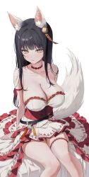 1girl absurdres animal_ears artist_request bare_shoulders bell black_hair breasts cleavage closed_mouth commission corset dress ear_bell fox_ears fox_tail highres jingle_bell large_breasts long_hair looking_at_viewer original red_corset second-party_source simple_background sitting solo tail white_background white_dress