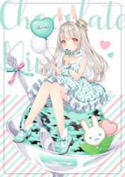 1girl animal_ear_fluff animal_ears ankle_socks balloon bare_shoulders blush breasts brown_hair brown_hat collarbone commentary_request cup diagonal_stripes dress female_focus food full_body green_shoes hat heart high_heels holding holding_balloon holding_food ice_cream ice_cream_cone in_food long_hair looking_at_viewer mini_person minigirl mint_chocolate_(razschi) mint_chocolate multicolored_hair original plaid_clothes plaid_dress rabbit_ears red_eyes shoes sitting sleeveless sleeveless_dress small_breasts socks solo spoon striped sun_hat tilted_headwear two-tone_hair very_long_hair wasabi_(sekai) white_dress white_hair white_socks
