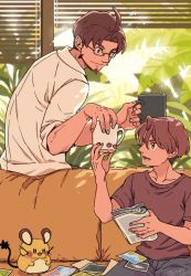 2boys ahoge bad_id bad_pixiv_id brown_hair brown_shirt commentary_request couch creatures_(company) cup dedenne facial_hair game_freak gen_6_pokemon glasses holding holding_cup indoors looking_down lower_teeth_only male_focus mirror_(pokemon) mug multiple_boys new_pokemon_snap nintendo open_mouth parted_bangs photo_(object) pokemon pokemon_(creature) semi-rimless_eyewear shirt short_hair short_sleeves sitting t-shirt teeth todd_snap xichii