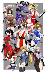 6+girls animal_ears arcana_heart black_hair blonde_hair breasts brown_eyes brown_hair capcom choker cleavage crossover dead_or_alive dog_ears dog_girl dog_tail fatal_fury female_focus final_fight fingerless_gloves fishnet_thighhighs fishnets genryuusai_maki gloves grey_hair hair_ribbon hand_fan hattori_hanzo_uruka headband highres holding holding_fan holding_knife holding_sword holding_weapon iwamoto_eiri japanese_clothes kasumi_(doa) knife konami kunai kunimitsu_ii large_breasts long_hair looking_at_viewer martial_champion masuda_chiho matching_hair/eyes multiple_girls namco ninja no_bra ponytail racheal ribbon shiranui_mai smile snk soul_calibur sword tail taki_(soulcalibur) tanto tekken the_king_of_fighters thighhighs tonfa trait_connection variable_geo weapon white_choker yatagarasu_(game) yellow_ribbon
