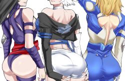 1340smile 3girls absurdres ass back black_hair blue_bodysuit bodysuit breasts choker elbow_gloves fantastic_four gloves highleg highleg_leotard highres large_breasts leotard looking_at_viewer luna_snow marvel marvel_rivals multiple_girls psylocke psylocke_(vengeance) purple_eyes purple_leotard sash short_hair shorts smile sue_storm superhero_costume two-tone_bodysuit waist_sash x-men