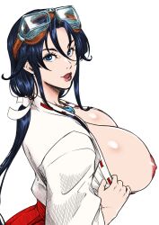 1girl absurdres ass blue_eyes blue_hair breasts breasts_out clothes_pull from_above goggles goggles_on_head highres huge_breasts japanese_clothes jewelry kyuugata long_hair long_skirt looking_at_viewer magatama magatama_necklace miko necklace nipples opened_by_self parted_lips presenting pulling_own_clothes red_lips seductive_smile sengoku_ace sengoku_blade sideboob skirt smile solo togashi_koyori traditional_media white_background