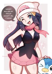 1girl beanie black_hair blue_eyes blue_hair blush bracelet breasts dawn_(pokemon) floating_scarf gen_4_pokemon hair_ornament hairclip hat highres jewelry long_hair looking_at_viewer nintendo one_eye_closed open_mouth piplup poke_ball_print poke_ball_symbol pokemon pokemon_(creature) pokemon_dppt red_scarf scarf shiny_skin shirt skirt sleeveless smile solo thighs touyarokii white_hat