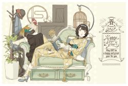 Rule 34 | 2017, :o, animal print, bird, bird print, birdcage, blue bow, book, bow, box, brown eyes, brown hair, cage, chicken, chinese zodiac, coat, unworn coat, couch, dress, english text, gloves, hair bow, happy new year, hat, unworn hat, unworn headwear, high heels, holding, holding book, indoors, kngegt, looking at viewer, nengajou, new year, on couch, original, pale skin, pillow, plant, potted plant, rooster, socks, white gloves, white legwear, year of the rooster, yellow dress