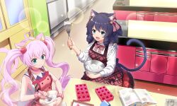 2girls ahoge animal_ear_fluff animal_ears apron artist_request baking blue_eyes blue_hair book bow bowl bowtie cake_pan cat_ears cat_girl cat_tail chocolate_making choker collared_shirt cookie_cutter cyan_(show_by_rock!!) drill_hair fang food food_on_face frilled_apron frilled_shirt frills from_above glint hair_bow hairband heart heart_ahoge holding holding_bowl holding_whisk indoors lens_flare long_hair multiple_girls official_art open_book open_mouth pink_apron pink_bow pink_bowtie pink_choker pink_hair rosia_(show_by_rock!!) scrunchie shirt short_hair show_by_rock!! smile sparkle table tail third-party_source twintails whisk white_shirt wrist_scrunchie yellow_hairband