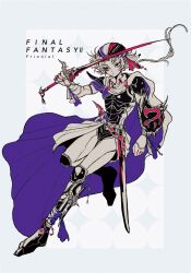 1boy anklet arm_shield armor breastplate cape character_name copyright_name dagger dynamic_pose expressionless film_grain final_fantasy final_fantasy_ii firion floating_hair full_body greyscale_with_colored_background headscarf highres holding holding_sword holding_weapon jewelry knee_armor knife limited_palette long_hair male_focus nayo_(kr_000515) pauldrons poleyn ponytail purple_cape scabbard sheath shoulder_armor solo spot_color sword two-sided_cape two-sided_fabric two-tone_cape variant_set weapon