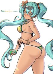 1girl absurdres aqua_eyes aqua_hair artist_name ass bead_necklace beads bikini bikini_tan blush bracelet brazilian_miku breasts chascoby closed_mouth commentary cowboy_shot earrings eyewear_on_head flower green_trim hair_between_eyes hair_flower hair_ornament hatsune_miku highres holding_strap jewelry long_hair medium_breasts multiple_bracelets necklace patreon_username red_flower side-tie_bikini_bottom simple_background smile solo standing sunglasses swimsuit tan tanline twintails vocaloid white-framed_eyewear white_background yellow_bikini