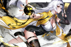 1girl absurdres belt black_gloves black_shoes black_shorts black_thighhighs breasts chinese_commentary commentary_request fingerless_gloves gloves high-waist_shorts highres holding_ofuda jacket large_breasts long_hair ofuda shirt shoes shorts socks solo thigh_belt thigh_strap thighhighs thighs ushiko_xiansheng very_long_hair white_hair white_shirt white_socks yellow_eyes yellow_jacket yixuan_(zenless_zone_zero) zenless_zone_zero