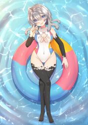 1girl absurdres afloat alternate_costume animated animated_gif athera_asyra blue_eyes bodypaint chumu_(teuthidan) cleavage_cutout clothing_cutout commission commissioner_upload grey_hair highres innertube one-piece_swimsuit original paint_splatter paint_splatter_on_face swim_ring swimsuit tentacle_hair thighhighs