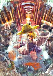 1girl animal_print blonde_hair charm_(object) dress fish flower frog frog_print hat highres in_water kneeling koi lake lily_pad long_hair long_sleeves moriya_suwako multiple_torii onbashira plant pointy_ears pond purple_dress rain ripples rock rope shimenawa slit_pupils solo straw_hat sunset thighhighs thighs torii touhou umaieokakitai vines water_lily_flower white_sleeves white_thighhighs yellow_eyes