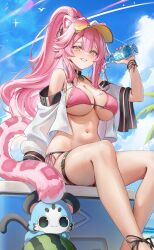 1girl absurdres alternate_costume animal_ear_fluff animal_ears aoi_13 beach bikini blue_sky bottle breasts chattino_(raora_panthera) cleavage cloud cloudy_sky commentary_request cropped crossed_ankles day extra_ears food fruit highres holding holding_bottle hololive hololive_english large_breasts long_hair looking_at_viewer mixed-language_commentary mountainous_horizon nail_polish navel ocean outdoors palm_tree panther_ears panther_girl panther_tail pink_bikini pink_hair plastic_bottle ponytail raora_panthera sandals sky smile spilling stomach swimsuit tail thigh_strap thighs toenail_polish toenails toes tree virtual_youtuber water_bottle watermelon wet yellow_eyes