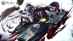 1girl aircraft airplane azur_lane bald_eagle bird boots character_name coat coat_on_shoulders commentary_request copyright_name eagle enterprise_(azur_lane) fighter_jet grey_hair grim_(azur_lane) hat high_heel_boots high_heels highres logo long_hair military_vehicle peaked_cap rigging setsuka. sitting uss_enterprise_(cvn-80)