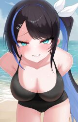 1girl absurdres alyssa_(specktech) arms_behind_back beach black_hair black_one-piece_swimsuit blue_hair blue_sky bow breasts cleavage collarbone commentary commission eikawa_suru english_commentary gluteal_fold grin hair_bow highres looking_at_viewer multicolored_hair ocean one-piece_swimsuit original second-party_source skeb_commission sky smile solo standing streaked_hair swimsuit thighs two-tone_hair white_bow