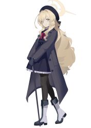 1girl absurdres black_coat black_gloves black_hat black_pantyhose black_shirt black_skirt blue_archive boots bow cane closed_mouth coat fluffy_hair from_side gloves green_eyes hat highres holding holding_cane long_hair looking_at_viewer pantyhose professor_niyaniya_(blue_archive) red_bow shirt sidelocks skirt smile solo toriko_(honmono) white_boots