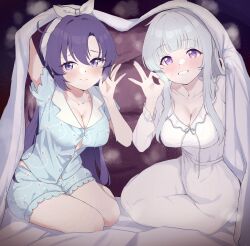 Rule 34 | 2girls, absurdres, blanket, blue archive, blue eyes, blue hair, blue pajamas, breasts, cleavage, dress, hairband, highres, holding, holding blanket, linatai, long dress, long hair, long sleeves, multiple girls, no halo, noa (blue archive), noa (pajamas) (blue archive), ok sign, pajamas, purple eyes, purple scarf, scarf, smile, sweat, under covers, white hairband, white pajamas, yuuka (blue archive), yuuka (pajamas) (blue archive)