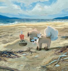 beach blue_sky cloud creatures_(company) facing_away full_body game_freak gen_7_pokemon highres horizon nintendo no_humans ocean open_mouth outdoors pokemon pokemon_(creature) rockruff sakusakufugashi sand sandygast shovel sky smile standing water