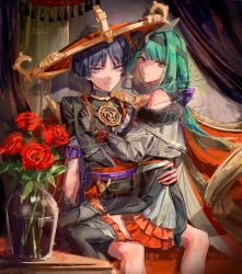 Rule 34 | 1boy, 1girl, arm at side, arm support, bad anatomy, bad leg, black bodysuit, black gauntlets, black hair, black headband, black kimono, black mask, black overskirt, black skirt, black sleeves, black thighhighs, blunt ends, bodysuit, bow, bright pupils, closed mouth, couch, curtains, eye mask, eyelashes, eyeliner, eyeshadow, flower, frilled skirt, frilled sleeves, frilled thighhighs, frills, fringe trim, gauntlets, genshin impact, gold, gold trim, green hair, grey eyes, hair bow, hand on another&#039;s chest, hand on another&#039;s waist, hat, headband, hetero, highres, indoors, japanese clothes, jewelry, jingasa, juban, kimono, layered skirt, layered sleeves, lic 617, long hair, looking at viewer, low ponytail, makeup, mandarin collar, mask, mask on head, mitsudomoe (shape), neck ring, o-ring, oc x canon, off shoulder, open clothes, open kimono, original, overskirt, ponytail, purple bow, purple eyes, purple rope, purple sash, purple sleeves, red eyeliner, red eyeshadow, red flower, red hat, red kimono, red rose, red sash, rope, rose, sash, scaramouche (genshin impact), shimenawa, short sleeves, side slit, single bare shoulder, sitting, sitting on lap, sitting on person, skirt, smile, smirk, thighhighs, tomoe (symbol), tsurime, vase, watermark, white pupils, white rope, white skirt, wispy bangs