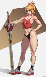 1girl abs absurdres breasts buruma clarent_(fate) covered_erect_nipples fate/apocrypha fate_(series) green_eyes highres mordred_(fate) mordred_(fate/apocrypha) muscular muscular_female nike_(company) ponytail shoes small_breasts sneakers solo stopu sword tank_top thighs weapon