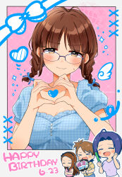 &gt;_&lt; 4girls ahoge akizuki_ritsuko antenna_hair black-framed_eyewear black_hairband blue_hair blue_ribbon blush border braid breasts brown_eyes brown_hair character_name chibi cleavage closed_eyes closed_mouth collarbone crossed_arms dated frilled_shirt frills futami_ami hair_ribbon hairband hand_fan happy_birthday heart heart_hands highres holding holding_fan hood hood_down hoodie idolmaster idolmaster_(classic) idolmaster_million_live! idolmaster_million_live!_theater_days large_breasts long_hair looking_at_viewer merukyara minase_iori miura_azusa multiple_girls open_mouth paper_fan pink_background pink_shirt purple_shirt ribbon ryuuguu_komachi_(idolmaster) shirt short_hair short_sleeves shy side_ponytail sleeveless sleeveless_shirt smile sparkle sweatdrop twin_braids twintails uchiwa watermark white_border wings yellow_hoodie