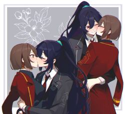 black_gloves bob_cut brown_hair closed_eyes collared_shirt couple earrings floral_background gloves hair_tie half_updo hands_on_another&#039;s_chest hetero highres hong_lu_(project_moon) hug jacket jacket_on_shoulders jasmine_(flower) jewelry kiss kissing_cheek lapels limbus_company moony_(past_desiderium) multiple_views necktie notched_lapels oc_x_canon one_eye_closed past_desiderium project_moon red_necktie shirt smile surprise_kiss surprised torso_grab