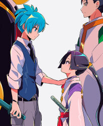 ansatsu_kyoushitsu black_hair blue_eyes blue_hair creator_connection green_eyes hakama hakama_pants hat holding holding_knife houjou_tokiyuki_(nige_jouzu_no_wakagimi) japanese_clothes katana knife koro-sensei kunugigaoka_middle_school_uniform long_hair long_sleeves male_focus multiple_boys necktie nige_jouzu_no_wakagimi pants ponytail purple_eyes sanamaru_(sana79261827) school_uniform shiota_nagisa shirt short_hair smile suwa_yorishige_(nige_jouzu_no_wakagimi) sword tentacles very_long_hair weapon white_background wide_sleeves