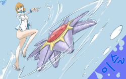 1girl bare_legs breasts competition_swimsuit gen_1_pokemon green_eyes gym_leader highres holding huge_breasts jacket legs long_sleeves looking_at_viewer misty_(pokemon) nintendo one-piece_swimsuit open_clothes open_jacket orange_hair pokemon pokemon_hgss short_hair smile solo standing starmie swimsuit thighs water white_one-piece_swimsuit