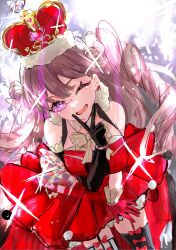 1girl ;d absurdres arched_crown armpit_crease asymmetrical_gloves bare_shoulders bent_over black_gloves black_thighhighs blush bow bow-shaped_hair bowtie breasts brown_hair commentary_request cowboy_shot crown dress elbow_gloves frilled_dress frills fujishima_megumi gloves head_tilt highres jin_(oihlf) large_breasts link!_like!_love_live! long_hair looking_at_viewer love_live! mismatched_gloves mismatched_thighhighs official_alternate_costume one_eye_closed open_mouth pinstripe_thighhighs purple_eyes red_crown red_dress red_gloves single_elbow_glove sleeveless sleeveless_dress smile solo sparkle thighhighs two_side_up uneven_gloves v v_over_mouth virtual_youtuber white_thighhighs yellow_bow yellow_bowtie zenhoi_kyun