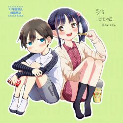 1boy 1girl aged_down artist_name black_hair black_socks blush boku_no_kokoro_no_yabai_yatsu brown_cardigan brown_eyes cardigan chips_(food) closed_mouth commentary_request dated dress food food_on_face full_body green_background grey_shorts height_difference hetero highres holding holding_food ichikawa_kyoutarou knees_up kodomo_no_hi long_sleeves looking_at_another one_side_up open_mouth outline polka_dot polka_dot_dress red_dress ringed_eyes shirt_under_shirt short_hair shorts simple_background sitting socks toisy_2160 watermark white_outline white_socks yamada_anna