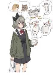 1girl arm_at_side bag steamed_bun black_bow black_dress blush bow bow_hairband cardigan cat chipi_chipi_chapa_chapa_(meme) closed_mouth collared_shirt cow cropped_legs dot_mouth dress eyes_visible_through_hair food green_cardigan grey_hair hair_over_one_eye hairband happy_happy_happy_cat_(meme) high-waist_skirt highres holding holding_bag holding_food huh?_cat_(meme) long_sleeves meme neck_ribbon open_cardigan open_clothes pinafore_dress plastic_bag pleated_dress project:anemone purple_eyes red_ribbon ribbon school_uniform shirt shopping_bag short_hair sidelocks simple_background skirt sleeveless sleeveless_dress solo speech_bubble talking_cats_(meme) teshima_nari thinking thought_bubble umeka_ena white_background white_shirt