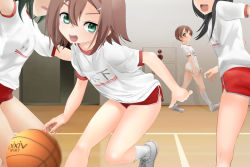 2boys 2girls androgynous ass bad_id bad_pixiv_id baka_to_test_to_shoukanjuu ball basketball basketball_(object) black_hair blush bottomless brown_hair buruma cameo covering_privates covering_crotch easter_egg egg embarrassed green_eyes gym_shorts gym_uniform kinoshita_hideyoshi multiple_boys multiple_girls open_mouth original pixiv shirt_tug shorts trap yuki18r