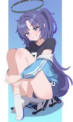 1girl absurdres bare_legs black_halo black_shirt blue_archive blue_background blue_jacket blue_shorts border commentary crossed_ankles english_commentary full_body gradient_background grin gym_shorts half_updo halo head_tilt highres hugging_own_legs id_card jacket lanyard light_blush long_hair looking_at_viewer no_shoes off_shoulder official_alternate_costume open_clothes open_jacket outside_border pillarboxed purple_eyes purple_hair raised_eyebrows shadow shirt short_shorts shorts sidelocks sitting slad smile socks solo t-shirt track_jacket very_long_hair white_border white_socks yuuka_(blue_archive) yuuka_(track)_(blue_archive)
