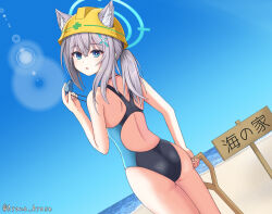 1girl :o absurdres adapted_costume animal_ears arm_at_side ass ayana_ayase back bare_arms bare_shoulders beach blue_archive blue_eyes blue_halo blue_one-piece_swimsuit blue_sky blush bright_pupils bucket_hat commentary_request competition_swimsuit cowboy_shot cross_hair_ornament day dutch_angle ears_through_headwear extra_ears eyes_visible_through_hair grey_hair hair_between_eyes hair_ornament halo hand_up hat head_tilt highres holding holding_whistle lens_flare looking_at_viewer looking_back medium_hair mismatched_pupils ocean official_alternate_costume official_alternate_hairstyle one-piece_swimsuit open_clothes open_mouth outdoors ponytail shiroko_(blue_archive) shiroko_(swimsuit)_(blue_archive) sky solo straight_hair swimsuit translation_request twitter_username whistle white_pupils wolf_ears wolf_girl yellow_hat